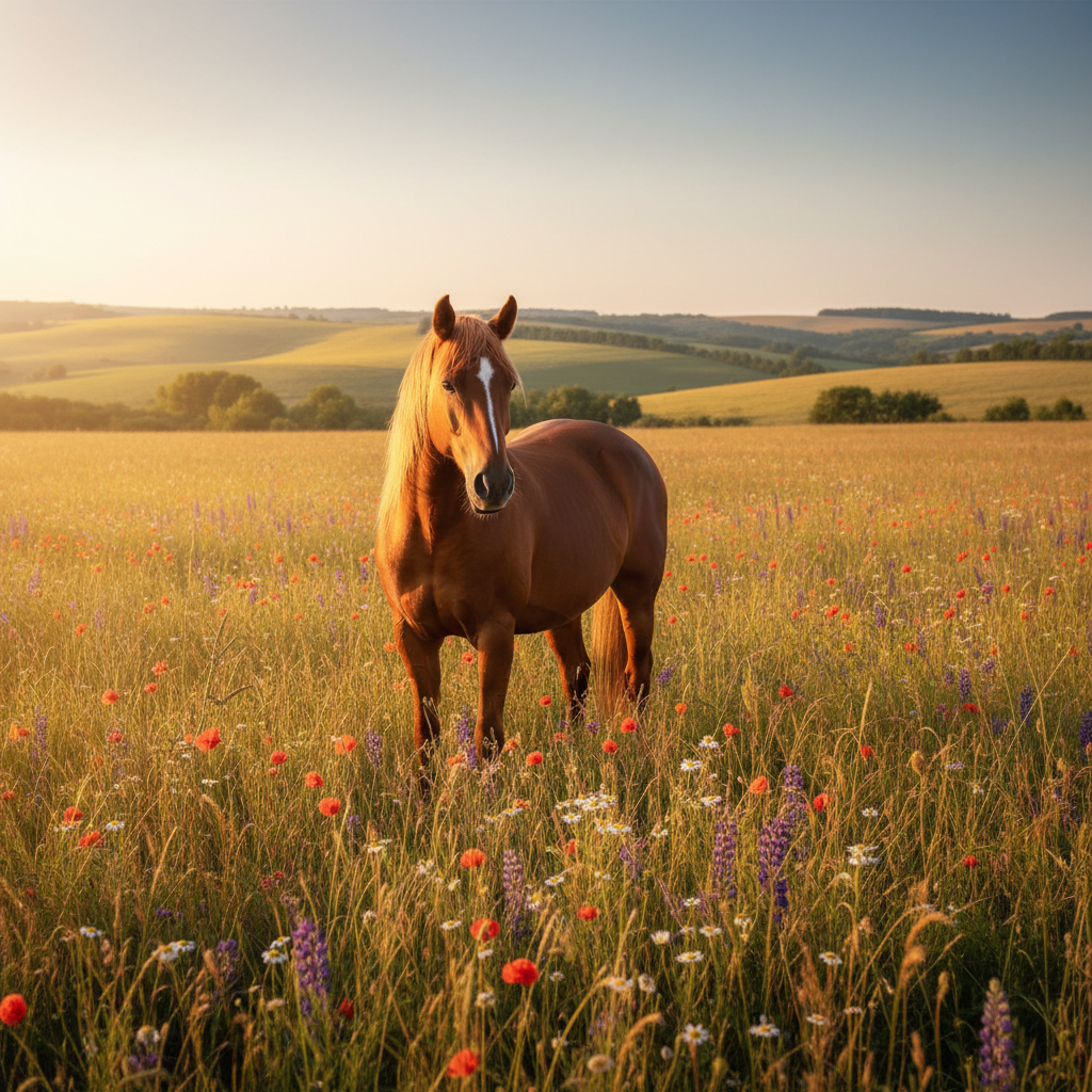 A horse in a misty golden field